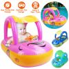 Baby Inflatable Pool Float Car Shaped Toddler Swimming Float Boat Pool Toy Infant Swim Ring Pool with Sun Protection Canopy for 1-3 Year-Old Kids Infa